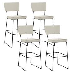 Imagem de Kit 04 Banquetas Alta Base Aço Fixa Linho Champagne