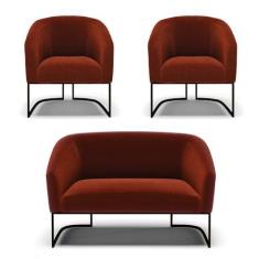 Imagem de Sofá Namoradeira e 2 Poltronas Base Industrial Preto Stella Bouclê Terra D03 - D'Rossi