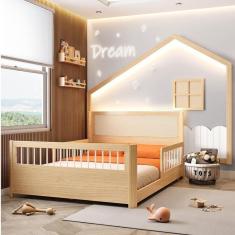 Imagem de Conjunto Cama Casal Montessoriana Wave Reversivel e Moldura com Led Dream Decor Casatema Natural / Branco