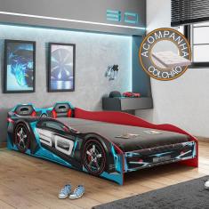 Imagem de Cama Infantil Carro Tornado Plus com Led Preto Azul Pura Magia + Colchão Ortobom