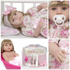 Imagem de Boneca Reborn Menina Loira Vestido Florido Bolsa 20 Itens - Cegonha Re
