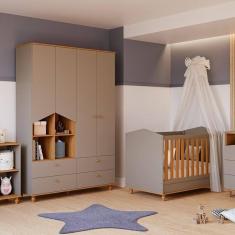 Imagem de Quarto de Bebê Berço e Guarda-roupa 4 Portas 4 Gavetas Happy Espresso Móveis Cinza/Marrom