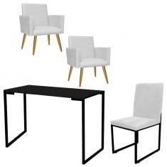Imagem de Kit Escritório Stan 2 Poltronas com Cadeira e Mesa Industrial Tampo Preto Tecido Sintético Branco - Ahz Móveis