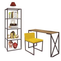 Imagem de Kit Escritório Bex 1 Cadeira Suede Amarelo com 1 Mesa e 1 Livreiro Ferro Marrom MDF Caramelo - Ahazzo Móveis