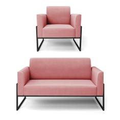 Imagem de Sofá Namoradeira com Poltrona Base Industrial Alta Preto Marisa Suede Rosê D03 - D`Rossi
