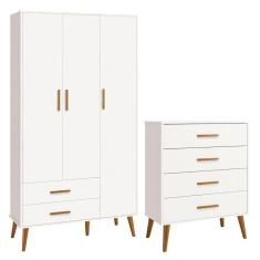 Imagem de Comoda Gaveteiro e Guarda Roupa Isis Retrô 3 Portas 2 Gavetas Branco Fosco - Reller