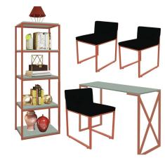 Imagem de Kit Escritório Bex 3 Cadeiras Suede Preto com 1 Mesa e 1 Livreiro Ferro Bronze MDF Verde Oliva - Ahazzo Móveis