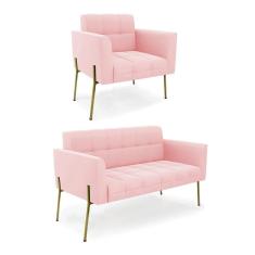 Imagem de Sofá Namoradeira E Poltrona Pé De Ferro Dourado Elisa Suede Rosa Bebê D03 - D'rossi