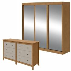 Imagem de Conjunto de Guarda-Roupa 3 Portas 3 Gavetas Saion Plus Super Glass e Cômoda Maggiore New  Amêndoa Clean/Off White/Amêndoa Clean