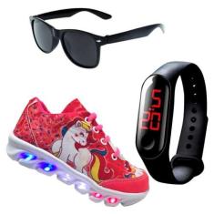 Imagem de Kit Tênis De Led Infantil Menina Feminino Unicórnio + Relógio + Óculos, Tamanho 33