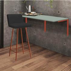 Imagem de Kit Mesa Suspensa de Parede Fixa MDF Verde Oliva + 1 Banqueta Lexi Ferro Bronze Corino Preto - Ahazzo Móveis