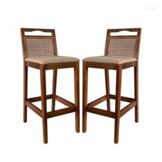 Imagem de Kit 2 Banquetas para Bancada Alta de Madeira Estofada Valência Rattan Castanho Linho Bege CCS
