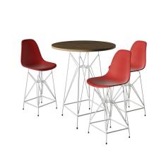 Imagem de Jogo Mesa Bistrô Eames Tampo Amêndoa 60Cm 3 Banquetas Vermelha Base Ferro Branco - Cor: Amendoa