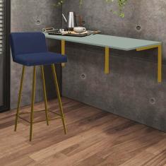Imagem de Kit Mesa Suspensa de Parede Fixa MDF Verde Oliva + 1 Banqueta Lexi Ferro Dourado Corino Azul Marinho - Ahazzo Móveis