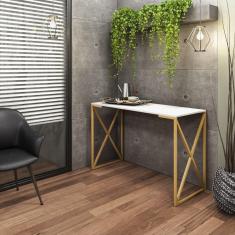 Imagem de Mesa Zurik Industrial Escritório e Home Office Consultório Ferro Dourado Tampo Branco - Ahz Móveis