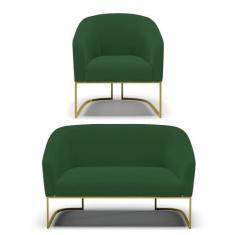 Imagem de Sofá Namoradeira e Poltrona Base Industrial Dourado Stella Veludo Verde D03 - D'Rossi