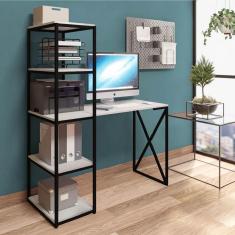 Imagem de Mesa Escrivaninha Max BeX Escritório com 5 Prateleiras Estante de Livros Ferro Preto Tampo Branco - Ahz Móveis