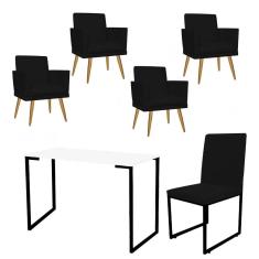 Imagem de Kit Escritório Stan 4 Poltronas Rodapé com Cadeira e Mesa Industrial Branco Preto Suede Preto - Ahz Móveis