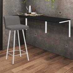 Imagem de Kit Mesa Suspensa de Parede Fixa MDF Preto + 1 Banqueta Lexi Ferro Branco Sintético Cinza - Ahazzo Móveis
