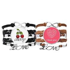Imagem de DIYthinker Pulseira de coração rosa para Dia dos Namorados I Love You pulseira de couro corda cereja conjunto duplo