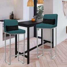 Imagem de Kit 02 Banqueta Alta com Encosto Lucca Industrial Cozinha Balcão Ferro Cinza Suede Azul Turquesa e Almofada Preto - Ahazzo Móveis