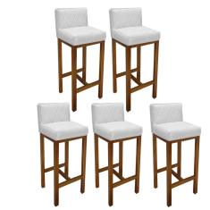 Imagem de Kit 05 Banqueta Alta Com Encosto Loren Cozinha Balcão Bistrô Base Madeira Castanho Tecido Sintético Branco - Ahazzo Móveis