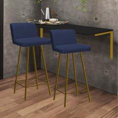 Imagem de Kit Mesa Suspensa de Parede Fixa MDF Preto + 2 Banquetas Lexi Ferro Dourado Sintético Azul Marinho - Ahazzo Móveis