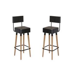 Imagem de Kit 2 Banquetas Banco Alto Barcelona Couro Preto Bar Cozinha Pés Madei