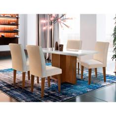Imagem de Conjunto de Mesa de Jantar Berlim II com Tampo de Vidro Off White e 4 Cadeiras Grécia Veludo Creme