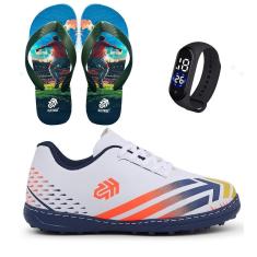 Imagem de Kit Tênis Infantil Chuteira Futebol Society Criança Escolar Resistente + Chinelo e Relógio-Masculino