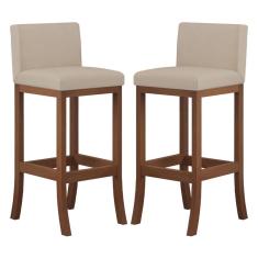 Imagem de Kit 2 Banquetas Média Encosto Estofado 38x90Cm Ilha Espanha Madeira Maciça Castanho Suede Bege ccs