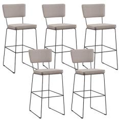 Imagem de Kit 5 Banquetas Alta Para Cozinha Sala De Jantar Base em Aço Fixa Allana L02 Linho Bege - Lyam Decor