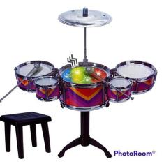 Imagem de Mini Bateria Infantil 5 Tambores Coloridos Com Luzes E Banquinho. - Fu