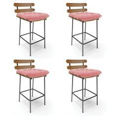 Imagem de Kit 04 Banquetas Costela Suede Rosê Base Metálica Preto