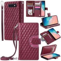 Imagem de Furill Capa de telefone para Samsung Galaxy S10e capa carteira com alça de pulso transversal alça de ombro 9+ compartimentos para cartões bolsa com zíper bolsa de couro PU de luxo acessórios de