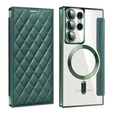 Imagem de Porta-cartões de couro magnético para Samsung Galaxy S23FE S24 S22 Ultra Plus Porta-cartões de carga sem fio Capa dura à prova de choque, verde, Galaxy S22 Ultra