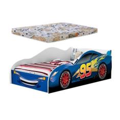 Imagem de Cama Carro Solteiro Adesivada C/ Colchão Incluso - LV MÓVEIS, Azul