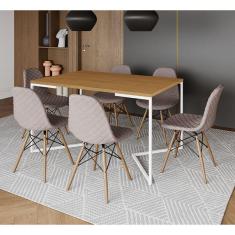 Imagem de Mesa Industrial Retangular Canela Base V Aço Branco 137x90cm 6 Cadeiras Madeira Estofadas Nude Médio