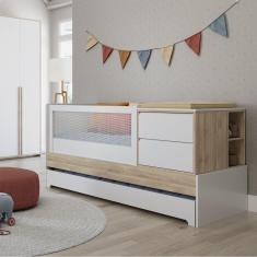 Imagem de Berço Multifuncional com Cama Auxiliar Cômoda 2 Gavetas 2 Nichos Regulagem de Estrado Sol e Mar Accesso Móbile Branco acetinado com carvalho treviso