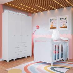 Imagem de Quarto de Bebê com Guarda Roupa 4 Portas 3 Gavetas e Berço Mini Cama Nina 100% Mdf Espresso Móveis Branco Brilho