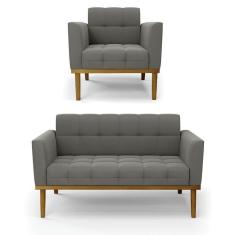 Imagem de Namoradeira Com Poltrona Base De Madeira Castanho Elisa Suede D03 - D\`rossi Cor Grafite