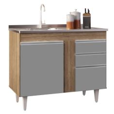 Imagem de Balcão Gabinete 100cm 3 Portas 2 Gavetas Castanho/Cinza