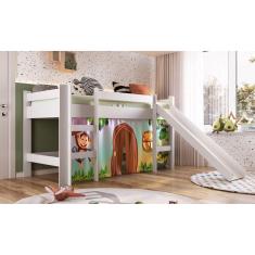 Imagem de Cama Elevada com Escorregador Branco com Cortina Estampada Zoo Completa Móveis Branco
