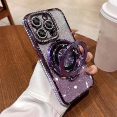 Imagem de Capa luxuosa de joias com carregamento sem fio para iPhone 11 12 13 14 15 Pro Max Plus Glitter com suporte de anel magnético capa protetora, roxa, para iphone 15Plus