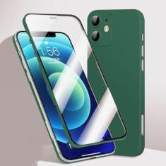 Imagem de Capa de telefone com capa completa 360 para iPhone 12 11 Pro Max 12 Mini X XR XS Max Frente de vidro temperado traseira capa dura à prova de choque fosca, verde escuro, para iPhone 12 Mini