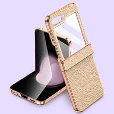 Imagem de Capa de telefone de couro para Samsung Galaxy Z Flip5 Flip 5 ZFlip5 Capa de proteção de dobradiça com vidro temperado, bege, para Galaxy Z Flip5