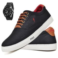 Imagem de Kit Tênis Casual Masculino Lona + Relógio Analógico - Polo Blu, 46, Pr
