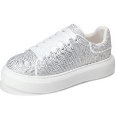 Imagem de MISSMILLER Tênis feminino moderno casual com strass e plataforma brilhante com cadarço, Branco, 36