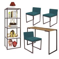 Imagem de Kit Escritório Ravi 3 Cadeiras Suede Azul Turquesa com 1 Mesa e 1 Livreiro Ferro Marrom MDF Castanho - Ahazzo Móveis