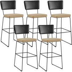 Imagem de Kit 05 Banquetas Altas Preto Linho Bege Escuro
